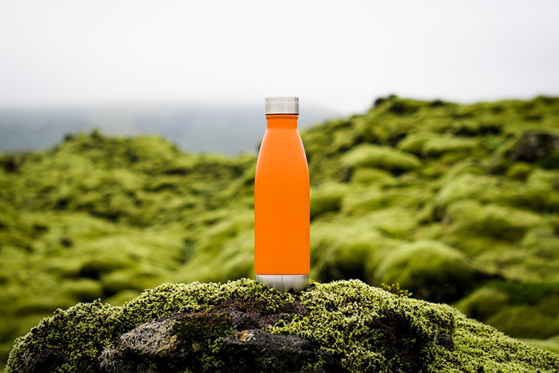 an orange water bottle sitting on a mossy rock