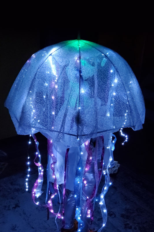 A homemade jellyfish costume the lights up