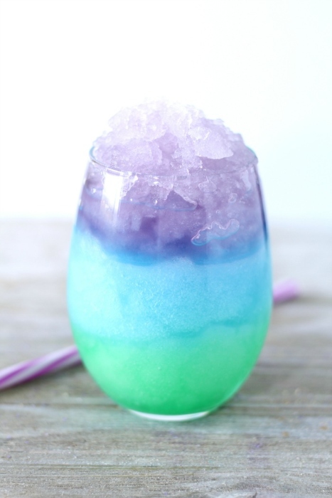 a green, blue, and purple layered slushie