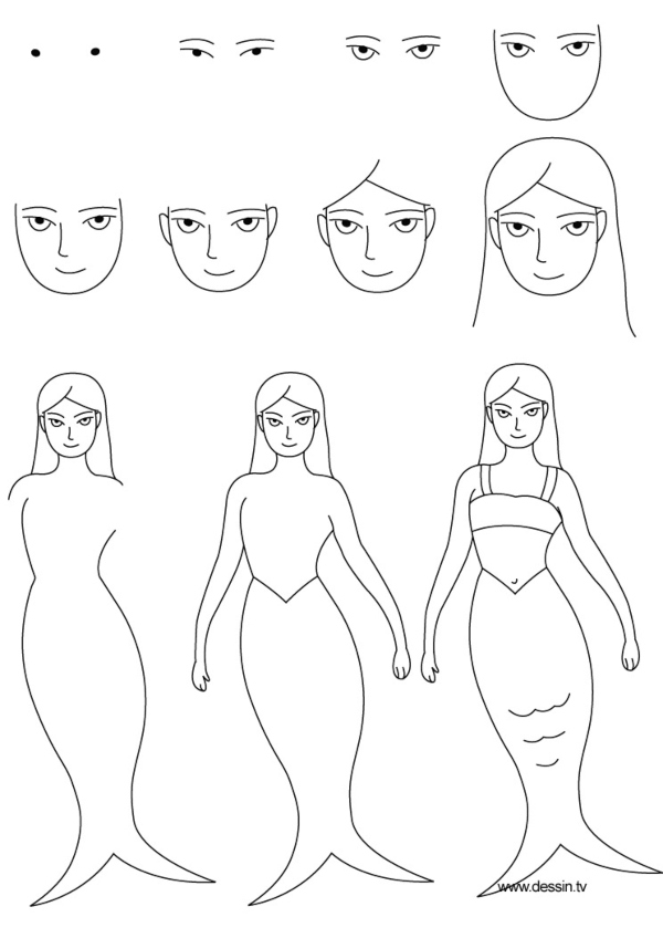 step by step guide to draw a mermaid simply