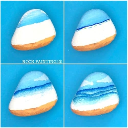 step by step painting of a beach landscape on a rock