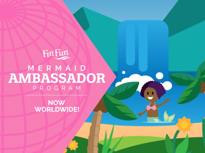 cartoon of a mermaid in the water and waving with text stating that the Fin Fun Mermaid Ambassador Program is now worldwide