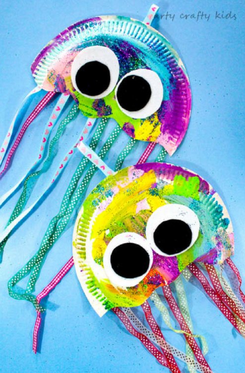 colorful jellyfish made with paper plates  and other art supplies