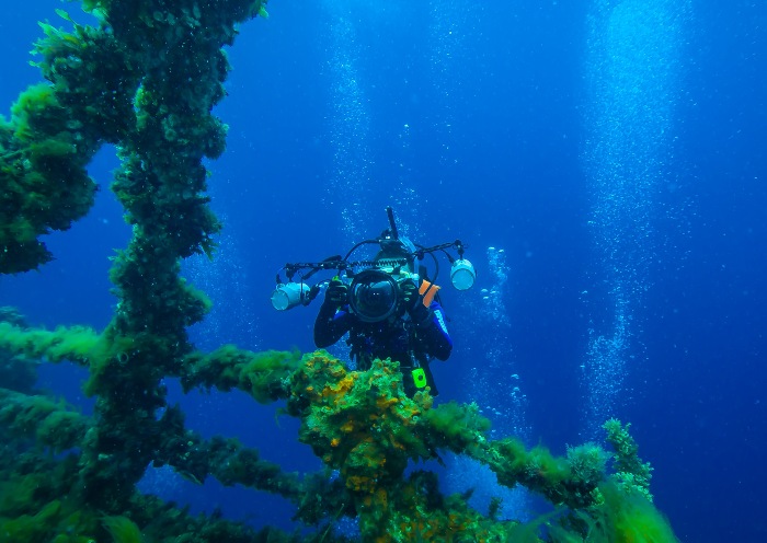 scuba diver taking photos of an underwater shipwreck