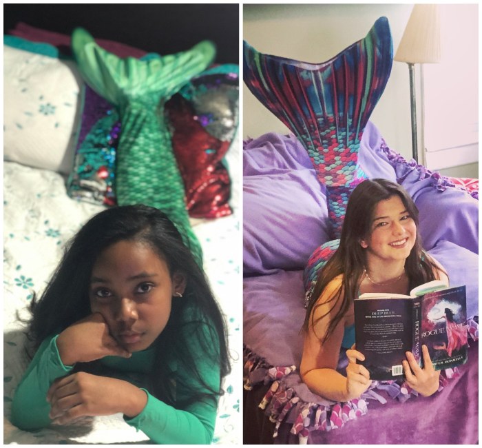 two different photos of girls wearing mermaid tails and laying on blankets