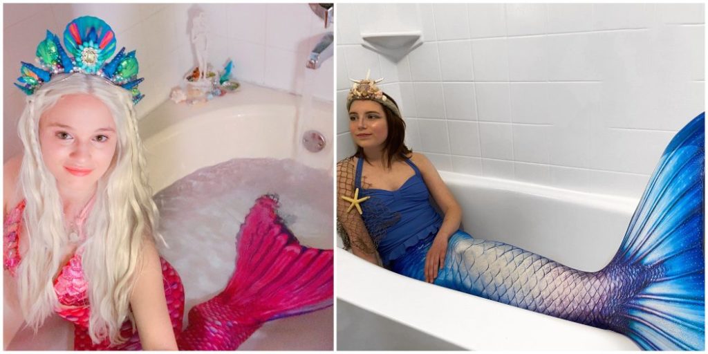 two separate images of mermaids in seashell crowns in the bathtub