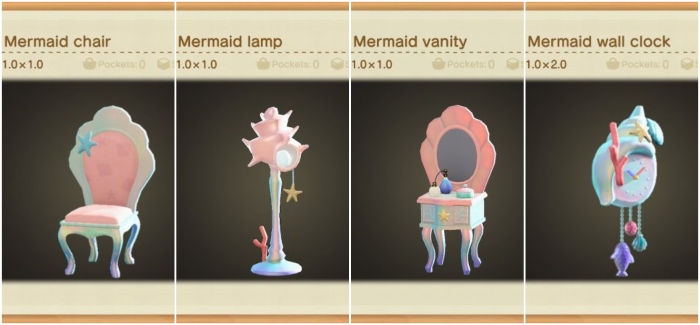 four examples of mermaid items available in the Animal Crossing mermaid set