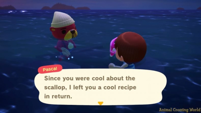 a screenshot of a villager swimming in the ocean and talking to Pascal in Animal Crossing: New Horizons