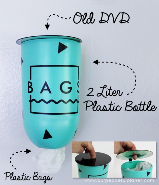 a 2-liter bottle reused to create a cute  plastic bag dispenser