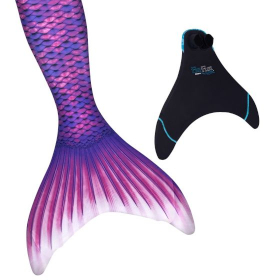 the refreshed Asian Magenta Mermaidens tail next to Fin Fun's monofin