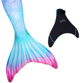 the blue, sea green, and pink Fiji Fantasy mermaid tail next to a Fin Fun monofin