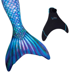 a mermaid tail with dragon scales next to a Fin Fun monofin