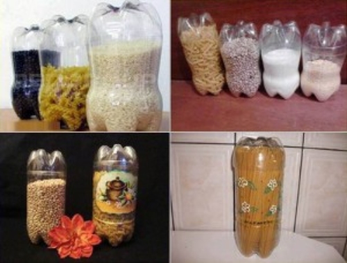 several images showing how you can reuse plastic bottles to store pasta, rice, beans, and other bulk foods