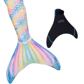 the pastel rainbow mermaid tail from Fin Fun next to their patented monofin