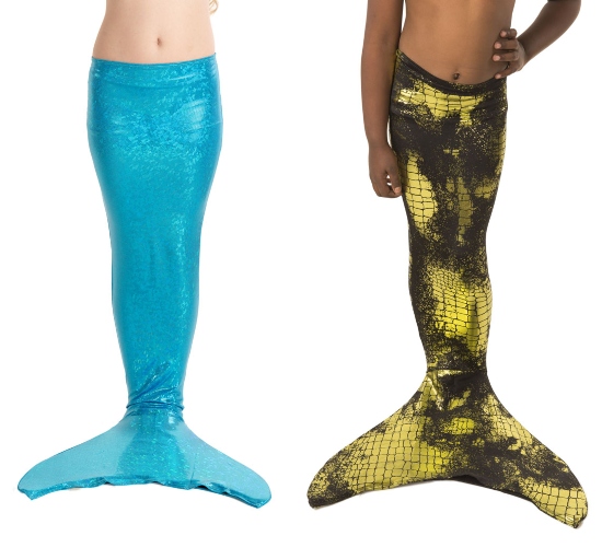 two classic Fin Fun mermaid tails side my side: a sparkly light blue one and a shiny, green-yellow one