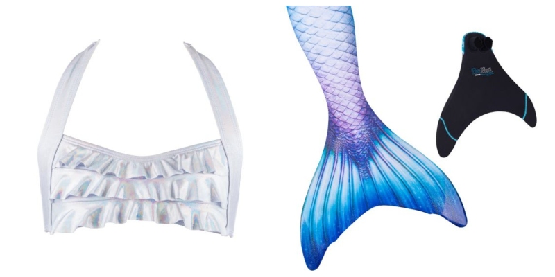 Cinderella as a mermaid would wear the Iridescent White Sea Wave top and Blue Lagoon mermaid tail and monofin as pictured.