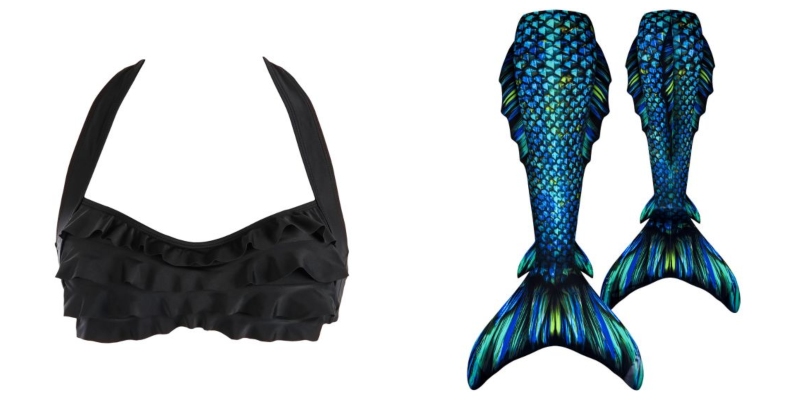 Merida's mermaid look includes a Black Sea Wave top and dragon scale mermaid tail with green, blue, and yellow.