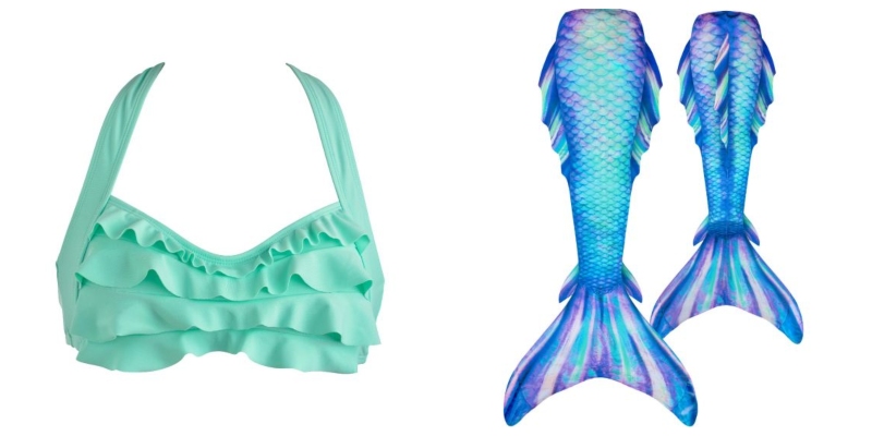 Anna's Disney princess mermaid look includes a mint-colored swim top and mint, blue, and purple mermaid tail.