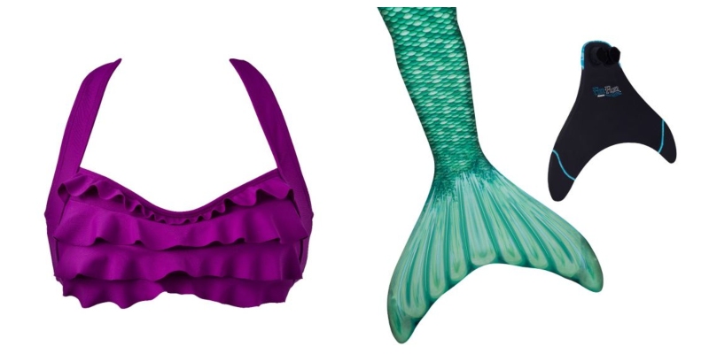 The pictured emerald scales and purple bikini top are reminiscent of Ariel's classic mermaid look.