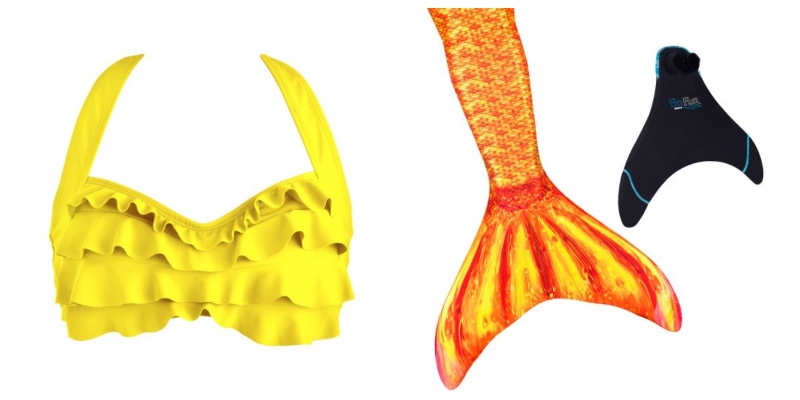 A bright yellow bikini top next to a yellow and orange scaled tail are our picks for a mermaid Belle!