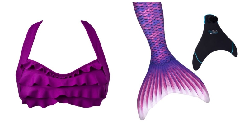 A purple bikini top and purple mermaid tail is the perfect choice for Rapunzel's princess mermaid look.