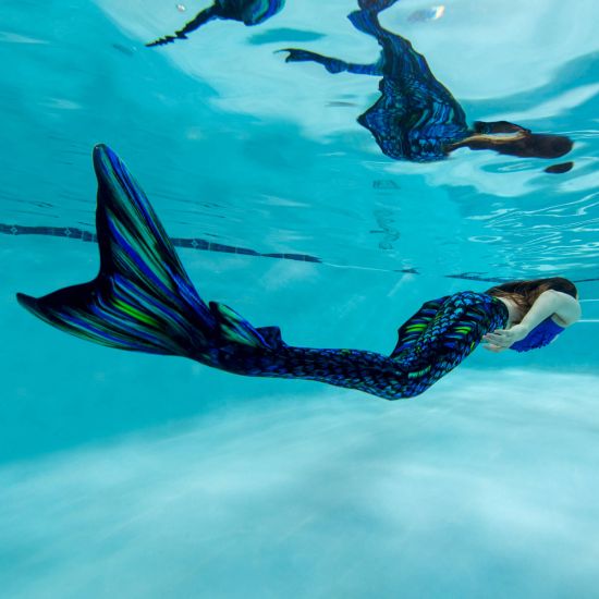 An underwater shot of the Sea Dragon Atlantis mermaid tail for swimming.