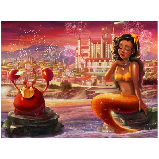 A poster of Mermaiden Destiny portrays her and her crab friend perched on rocks by the shore.