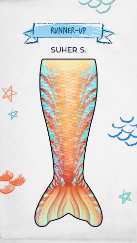 a orange/peach mermaid tail design with cyan stripes