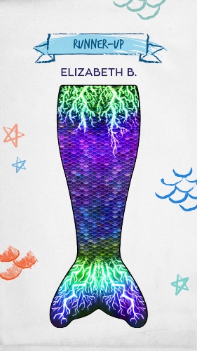 a tail design with purple, blue, and green scales with lightning flashing down the waist and fluke