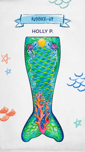 a mermaid tail design with green and blue scales with shells and the waist and coral sprouting from the fluke