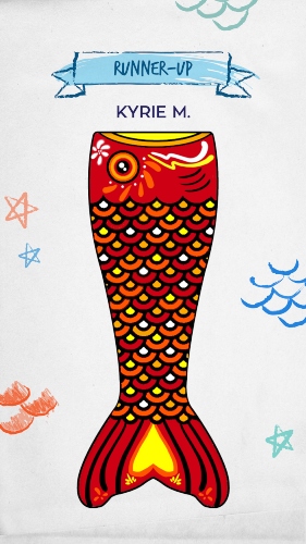 a cartoonish red and yellow tail design that looks like you're being swallowed by a fish when worn