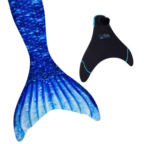 a blue mermaid tail and fin fun monofin on a white background