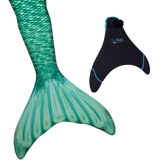 a green mermaid tail and fin fun monofin on a white background