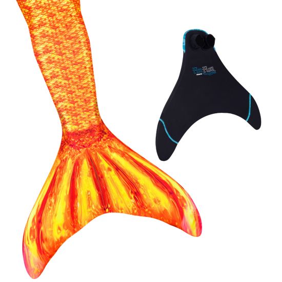 an orange mermaid tail and fin fun monofin on a white background
