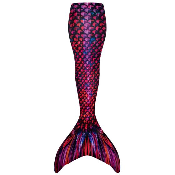 a mermaid tail with red, blue, and purple scales on a white background