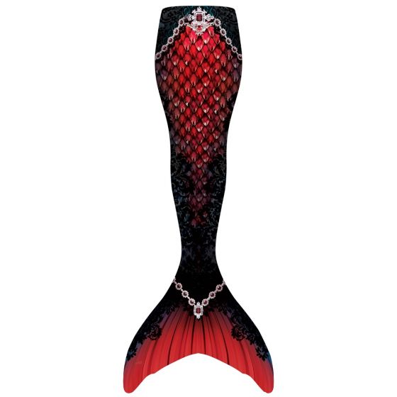 a red mermaid tail with a black lace pattern on the sides and jewels along the hips and ankles on a white background