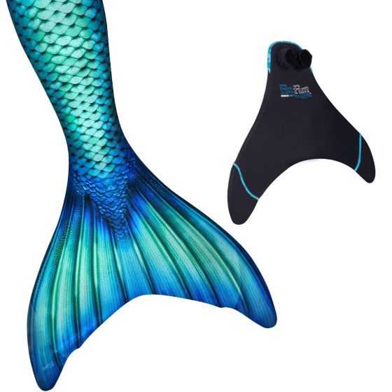 an aqua green and blue merman tail next to a Fin Fun monofin on a white background