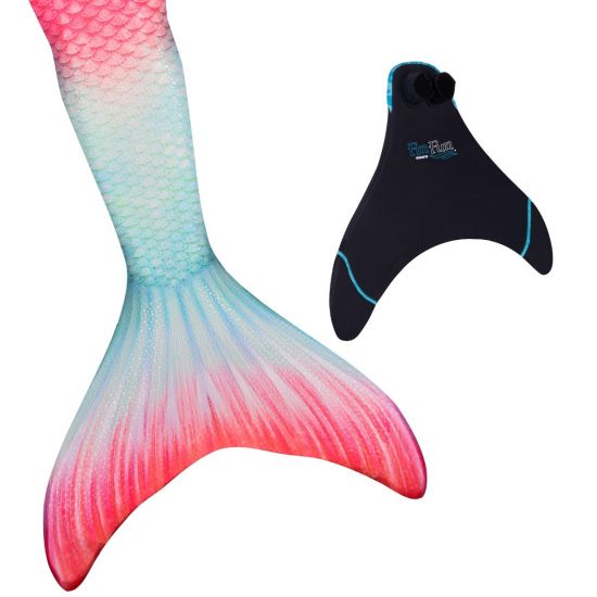 a coral and sea green mermaid tail next to a Fin Fun monofin on a white background