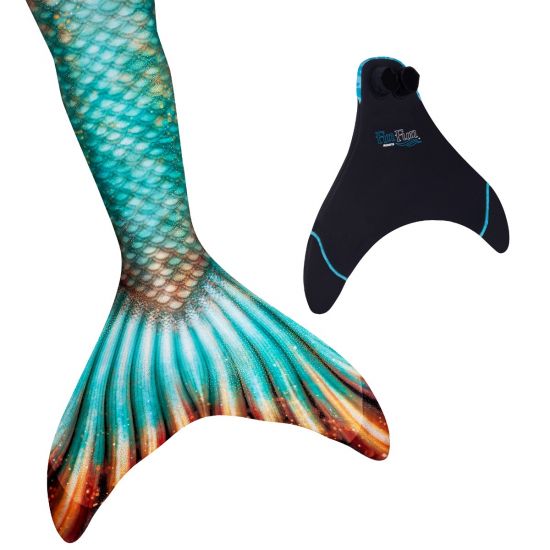 a bronze and green merman tail next to a Fin Fun monofin on a white background