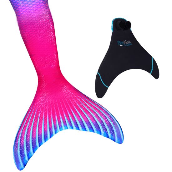 a blue and fuschia mermaid tail and a Fin Fun monofin on a white background