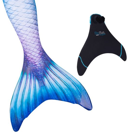 a pearl, purple, and blue mermaid tail next to a Fin Fun monofin on a white background