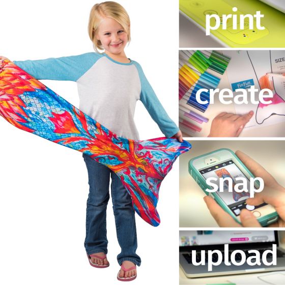 a little girl holding up her custom-designed mermaid tail next to informative images on how to create your own custom tail