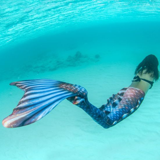 an underwater shot of a girl in a bronze and blue mermaid tail swimming in the ocean